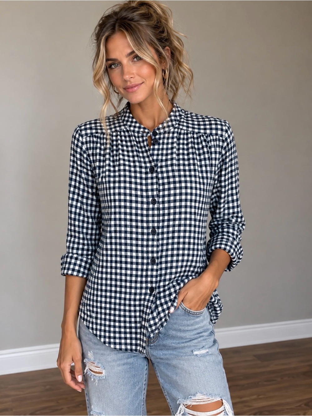 Zara Gingham Check Banded Collar Flannel Button Down Shirt